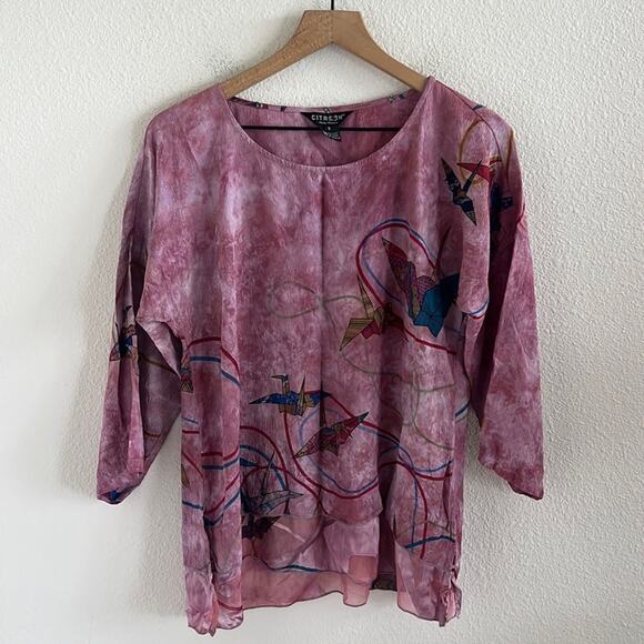 Citron 100% Silk Art to Wear Paper Crane Pink Top Blouse Modest Mature Small - Picture 1 of 7